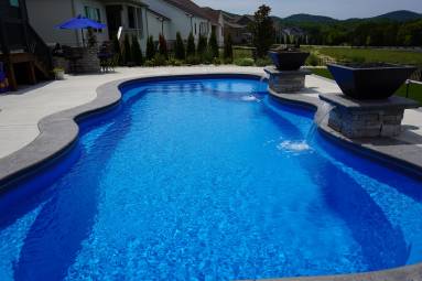 Backyard swimming pool with blue water and landscaping